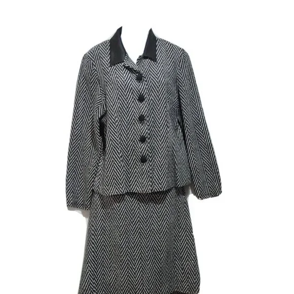Vintage 90s Skirt Suit Leslie Fay 12 Black Chevron Long Sleeve Faux Leather Trim - Picture 1 of 10